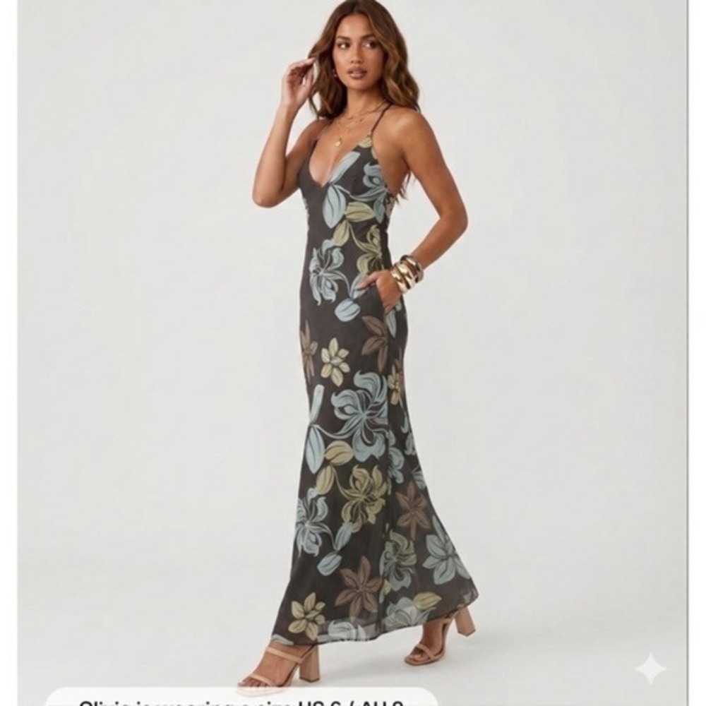Princess Polly Brown Tropical Floral Maxi Dress Open Back V-Neck US 4